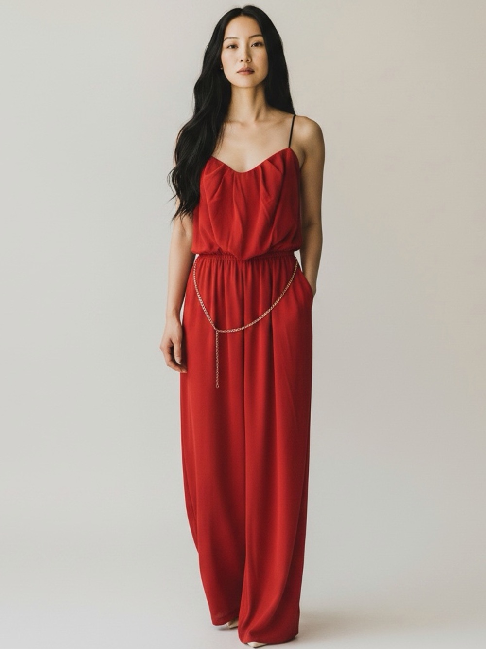iris Red Spaghetti-Strap Maxi Jumpsuit with Chain Belt